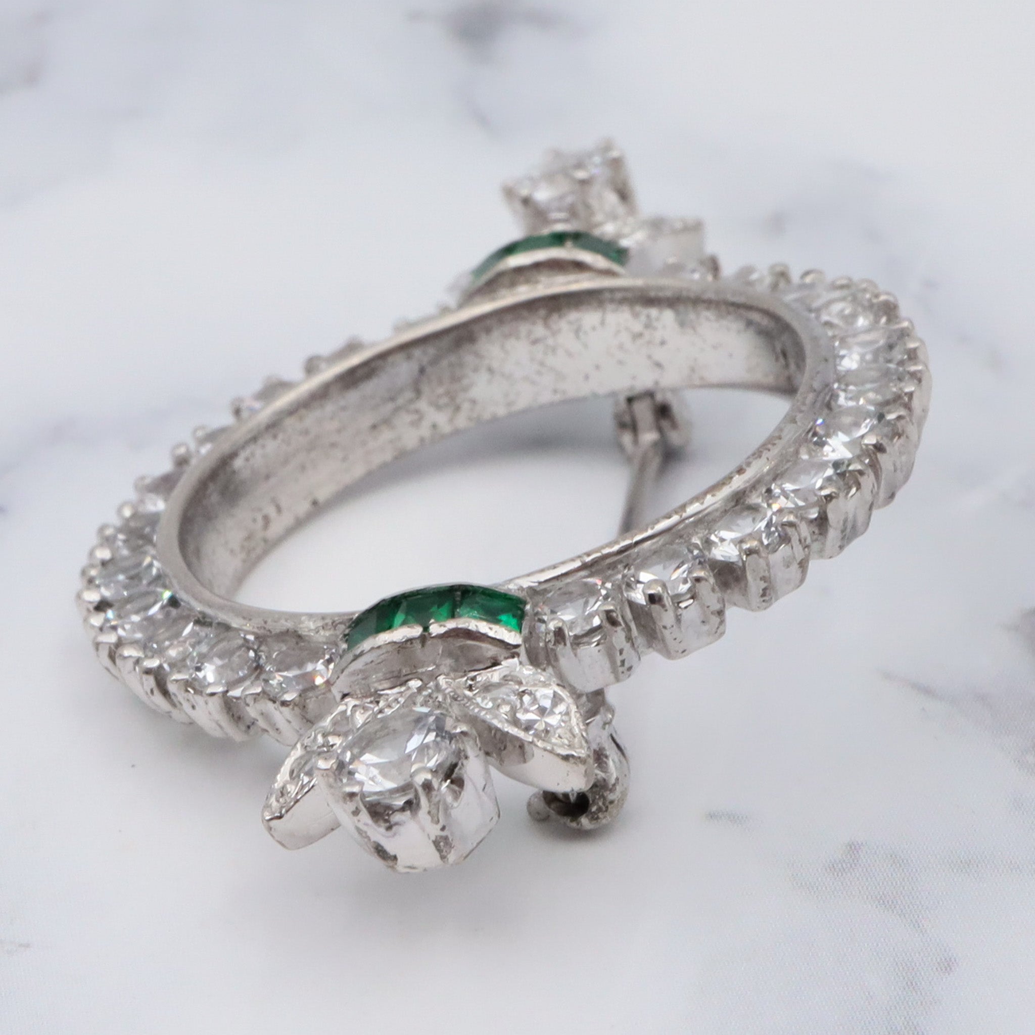 Antique Art Deco rhodium plated sterling, quartz & synthetic emerald circle frame brooch